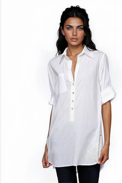 Subtle Luxury Shirts Boyfriend Shirt | Embroidery / S/M / White/Mint Boyfriend White Cotton Shirt in Limited Supply Embroidery Colors Sale