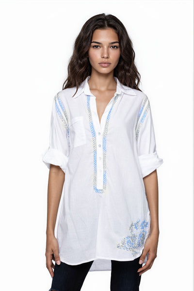 Subtle Luxury Shirts Boyfriend Shirt | Embroidery / S/M / White/Peacock Ombre Boyfriend White Cotton Shirt in Limited Supply Embroidery Sale Colors