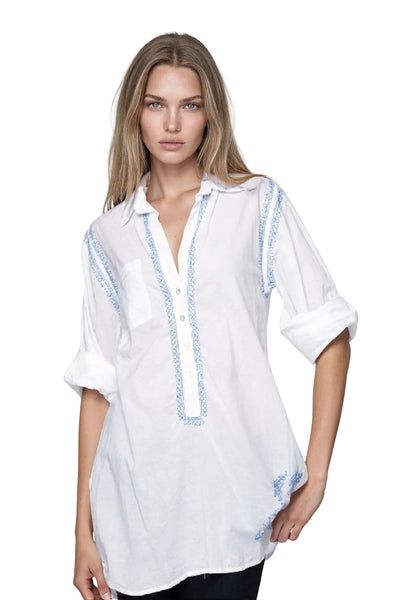 Subtle Luxury Shirts Boyfriend Shirt / XS/S / Electric Blue Boyfriend White Cotton Button Shirt with Electric Blue Embroidery