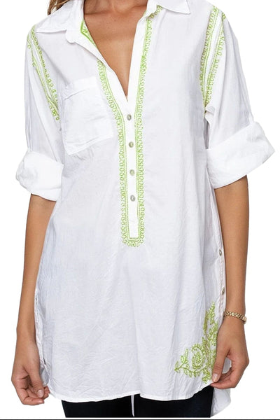 Subtle Luxury Shirts Boyfriend Shirt / XS/S / Lime Boyfriend White Cotton Shirt with Hand Stitch Embroideries Sunshine Colors