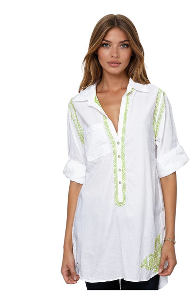 Subtle Luxury Shirts Boyfriend Shirt / XS/S / Lime Boyfriend White Cotton Shirt with Hand Stitch Embroideries Sunshine Colors