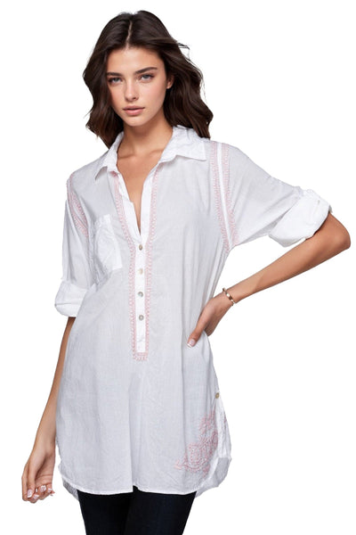 Subtle Luxury Shirts Boyfriend Shirt / XS/S / Nude Boyfriend White Cotton Shirt with Nude Embroidery