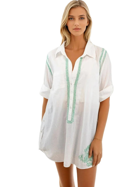 Subtle Luxury Shirts Boyfriend Shirt / XS/S / Palm Leaf Boyfriend White Cotton Button Shirt with Palm Leaf Embroidery
