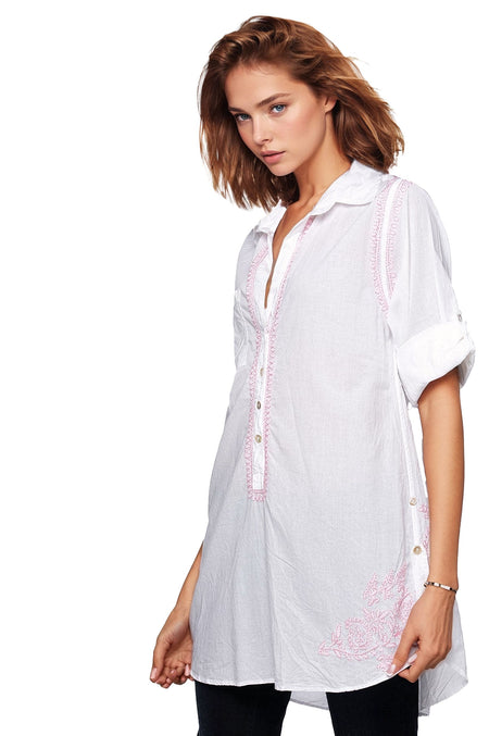 Boyfriend White Cotton Shirt with Nude Embroidery
