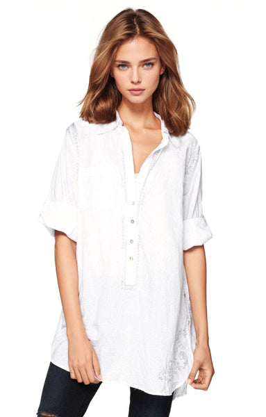 Subtle Luxury Shirts Boyfriend Shirt / XS/S / White w/Silver Lurex Ombre Boyfriend White Cotton Shirt with Lurex Embroidery