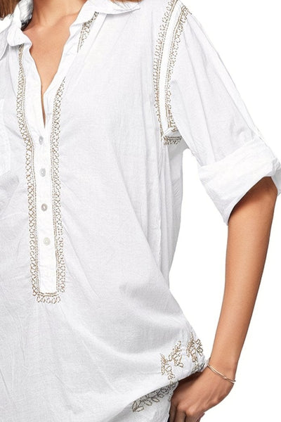 Subtle Luxury Shirts Boyfriend White Cotton Shirt with Dune Embroidery