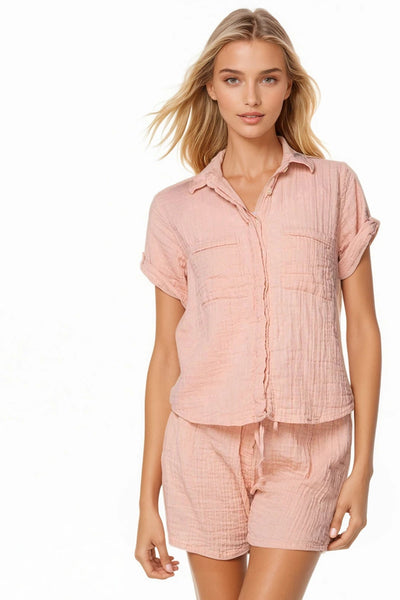 Subtle Luxury Shirts M/L / Pale Apricot / 100% Cotton Double Gauze Double Gauze Cropped Cotton Getaway Solid Camp Shirt