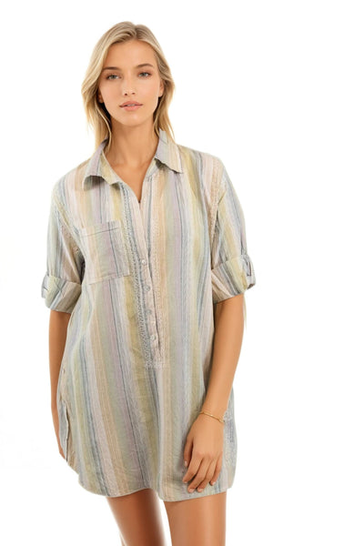 Subtle Luxury Shirts S/M / Desert Stripe / 100% Cotton Boyfriend Embroidery Shirt in Cotton Novelty Desert Stripe Fabric