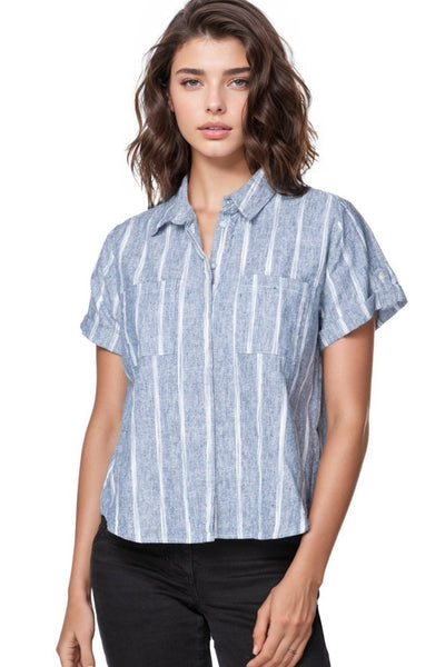 Subtle Luxury Shirts S/M / Wave Stripe / 55% Linen, 45% Viscose Anne Short Sleeve Linen Cotton Blend Short Sleeve Shirt