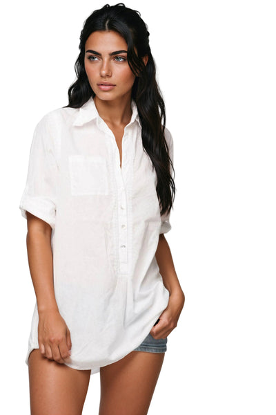 Subtle Luxury Shirts S/M / White / 100% Cotton Chambray The Boyfriend Washed Cotton Shirt Coverup in White Chambray with White Embroidery