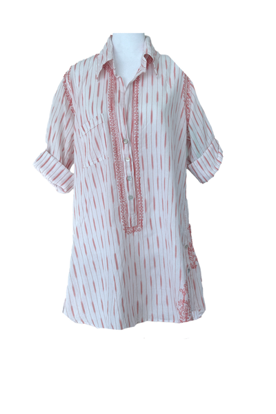 Subtle Luxury Shirts S/M / White w/Sedona Ikat / 100% Cotton Boyfriend Embroidery Shirt Coverup in Cotton Novelty Stripes & Ikat Fabrics