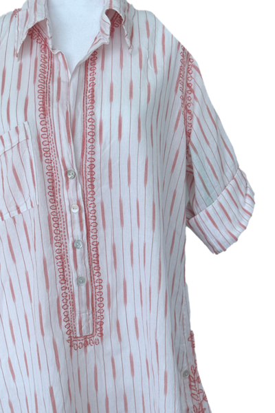 Subtle Luxury Shirts S/M / White w/Sedona Ikat / 100% Cotton Boyfriend Embroidery Shirt Coverup in Cotton Novelty Stripes & Ikat Fabrics