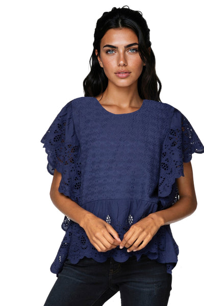 Subtle Luxury Shirts XS/S / Indigo / 100% Cotton Fae Crop Top with Cotton Eyelet Cutwork Detail