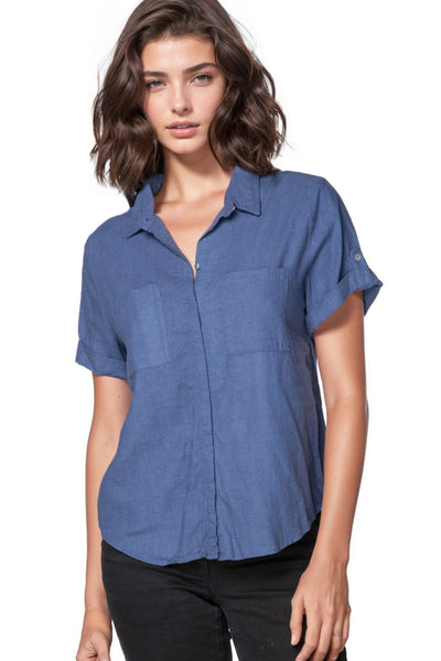 Subtle Luxury Shirts XS/S / Ocean / 55% Linen, 45% Viscose Anne Short Sleeve Linen Cotton Blend Short Sleeve Shirt