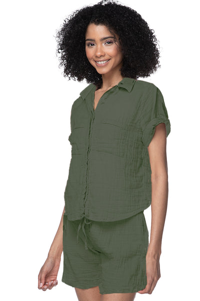 Subtle Luxury Shirts XS/S / Olive / 100% Cotton Double Gauze Double Gauze Cropped Cotton Getaway Solid Camp Shirt