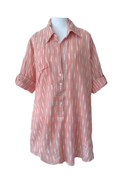 Subtle Luxury Shirts XS/S / Sedona Ikat w/White / 100% Cotton Boyfriend Embroidery Shirt Coverup in Cotton Novelty Stripes & Ikat Fabrics