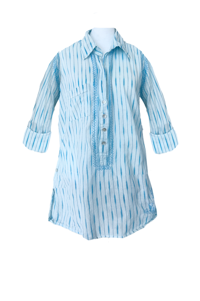 Subtle Luxury Shirts XS/S / White with Tidepool Ikat / 100% Cotton Boyfriend Embroidery Shirt Coverup in Cotton Novelty Stripes & Ikat Fabrics