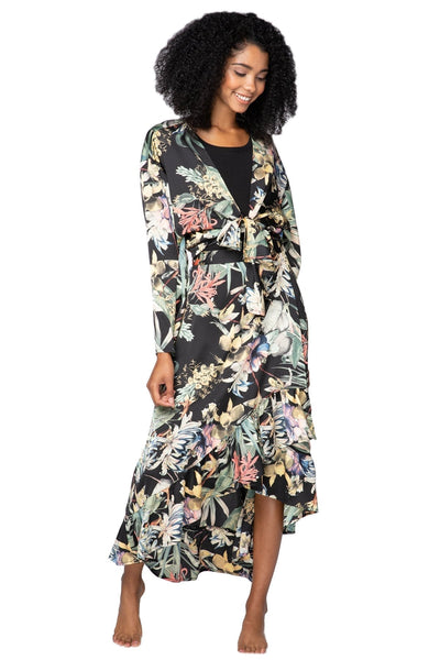 Subtle Luxury Skirt S/M / 100% Polyester / Black High Low Wrap Skirt in Tropical Escape Print