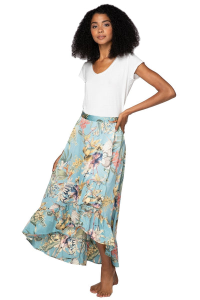 Subtle Luxury Skirt S/M / 100% Polyester / Blue High Low Wrap Skirt in Tropical Escape Print
