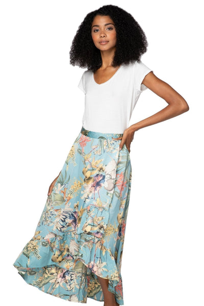 Subtle Luxury Skirt S/M / 100% Polyester / Blue High Low Wrap Skirt in Tropical Escape Print