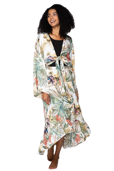 Subtle Luxury Skirt S/M / 100% Polyester / White High Low Wrap Skirt in Tropical Escape Print