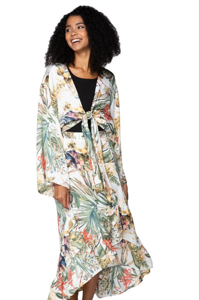 Subtle Luxury Skirt S/M / 100% Polyester / White High Low Wrap Skirt in Tropical Escape Print
