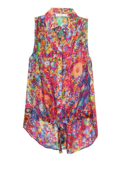 Subtle Luxury Sleeveless Top Sleeveless 100% Silk Print Tie Front Top