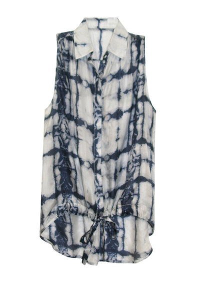 Subtle Luxury Sleeveless Top XS/S / IS-NVY Ink Spot Navy Sleeveless 100% Silk Print Tie Front Top