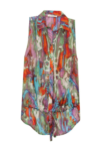 Subtle Luxury Sleeveless Top XS/S / PR-PUR Painted Rain Purple Sleeveless 100% Silk Print Tie Front Top