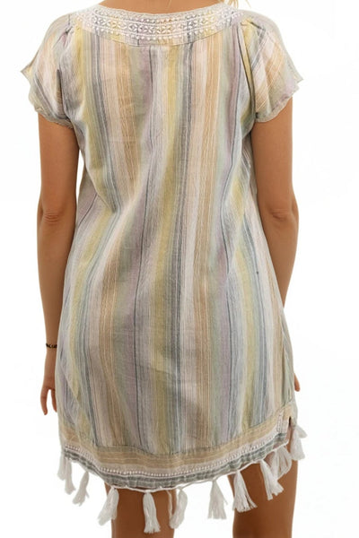 Subtle Luxury Sundress Fringe Tassel Sundress in Cotton Desert Stripe