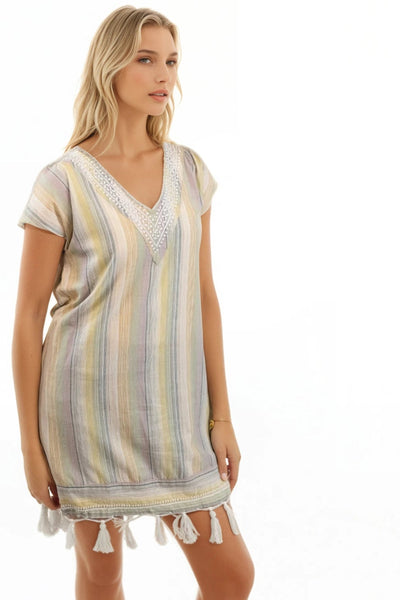 Subtle Luxury Sundress Fringe Tassel Sundress in Cotton Desert Stripe