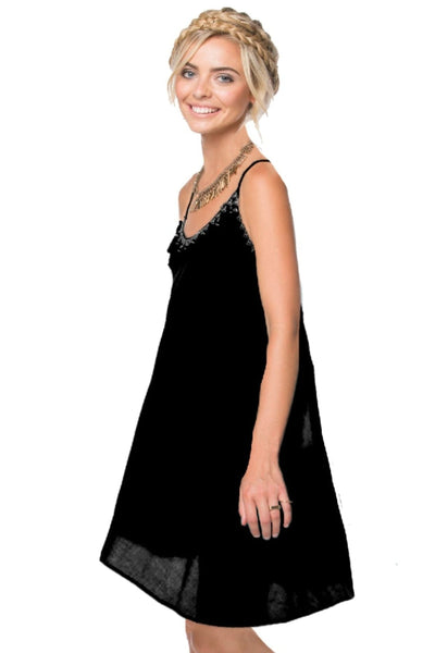 Subtle Luxury Sundress M/L / Black / 100% Rayon Short Tassel Dress with Golden Bead Trim