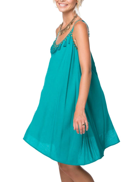 Subtle Luxury Sundress M/L / Seafoam / 100% Rayon Short Tassel Dress with Golden Bead Trim