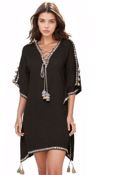 Subtle Luxury Sundress S/M / Black / 100% Cotton Casa Mila Sundress in Cotton Gauze with Embroidery and Tassels