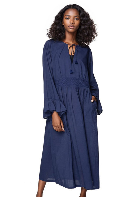 Nadia Wrap Dress Chambray in Light Grey with Ikat Trim