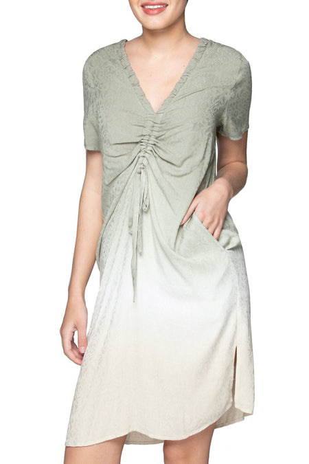 Nadia Wrap Dress Chambray in Light Grey with Ikat Trim