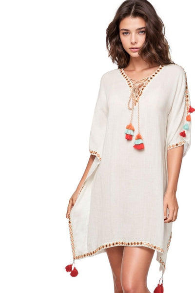Subtle Luxury Sundress S/M / White / 100% Cotton Casa Mila Sundress in Cotton Gauze with Embroidery and Tassels