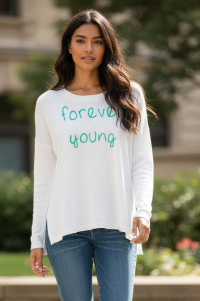 subtle-luxury-sweater-Zen Jane Drop Shoulder Crew "Forever Young" Embroidery white with turq