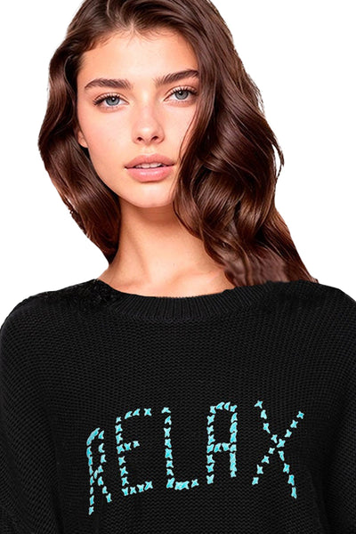 Subtle Luxury Sweater Chunky Cotton Blend Pullover - "RELAX" hand embroidery