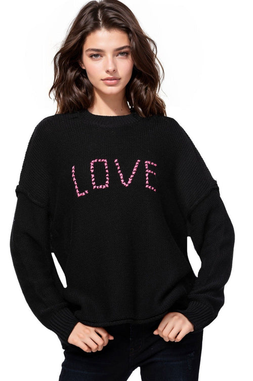 Subtle Luxury Sweater Chunky Cotton Blend Pullover Sweater - Black with "LOVE" hand embroidery