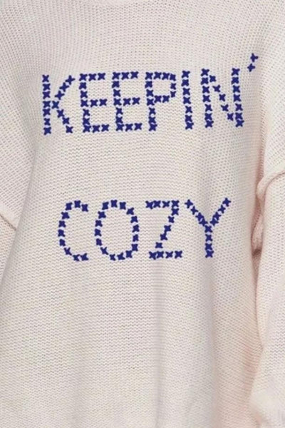 Subtle Luxury Sweater Chunky Cotton Blend Pullover Sweater- Cross Stitch "Keepin' Cozy" hand embroidery