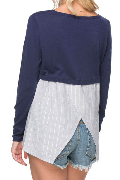 Subtle Luxury Sweater Cross Back Pullover Sweater Knit - with Woven Mix Panels