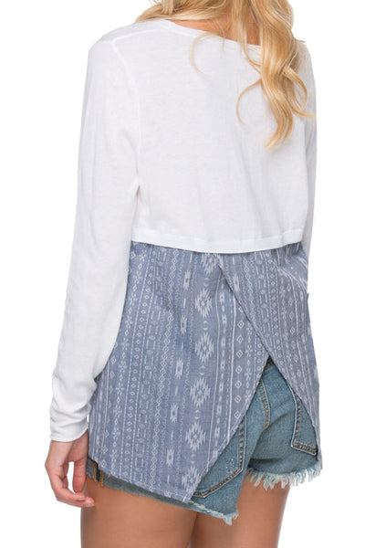 Subtle Luxury Sweater Cross Back Pullover Sweater Knit - with Woven Mix Panels