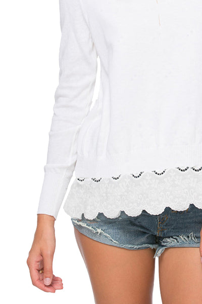 Subtle Luxury Sweater Eyelet Trim Cotton Blend Sweater Mixed Material