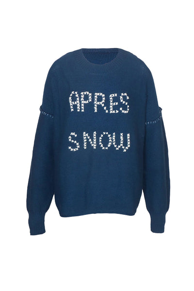Subtle Luxury Sweater Inside Out Crew / S/M / Ocean Blue - Apres Snow Embroidery Chunky Cotton Blend Pullover Sweater- Cross Stitch "APRÈS SNOW" hand embroidery