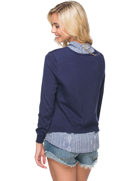 Subtle Luxury Sweater Layered Collar Shirt - Vintage Mixed Media Sweater Knit All in One