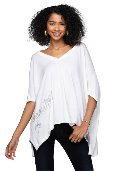 Subtle Luxury Sweater M/L / White with Smoke Grey / Zen Blend Zen Blend Luisa V-Neck Embroidery Stitch Sweater Knit Poncho
