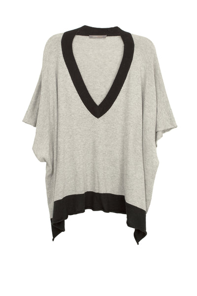 Subtle Luxury Sweater One Size / Heather Grey w/Black Trim / 90% Cotton/10% Cashmere Oversized Border V-Neck Knit Poncho wrap in Cotton/Cashmere