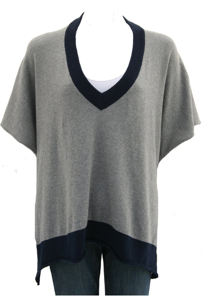 Subtle Luxury Sweater Oversized Border V-Neck Knit Poncho wrap in Cotton/Cashmere