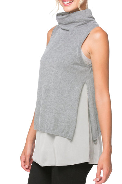 Subtle Luxury Sweater S/M / Fog Layered Sleeveless Mock Neck Sweater with Silk Woven